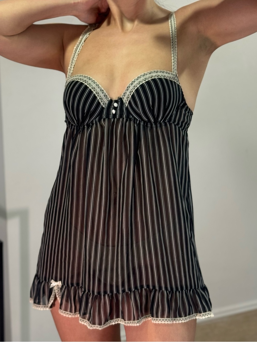 Vintage Sheer Black Pinstripe Lace-Trim Babydoll Chemise